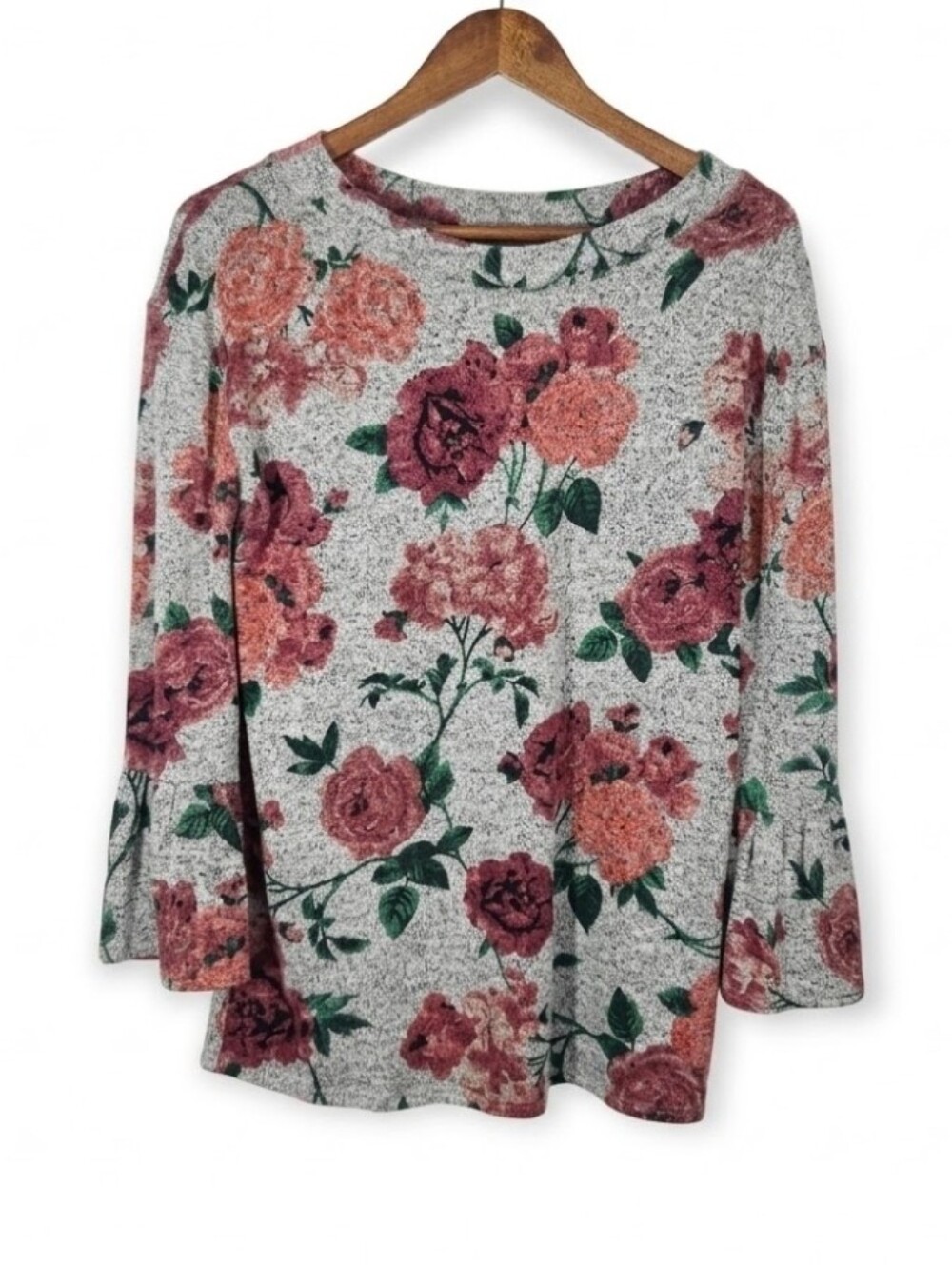 Maurices gray knit floral print bell sleeve top